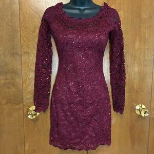 Sequin Hearts Deep Red Lace Long Sleeve Dress